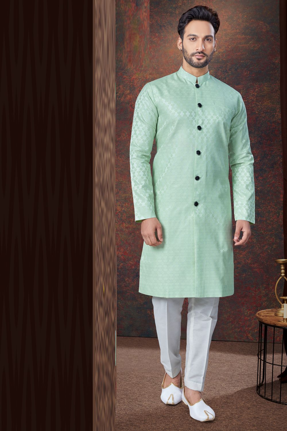 Pista Green Jaquard Indo Western (NMK-7861) - Nihal Fashions