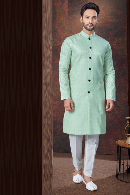 Pista Green Jaquard Indo Western (NMK-7861) - Nihal Fashions