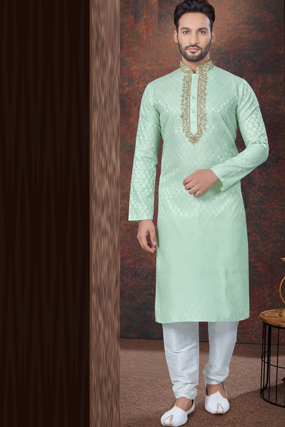 Pista Green Jaquard Kurta Pajama (NMK-7833) - Nihal Fashions