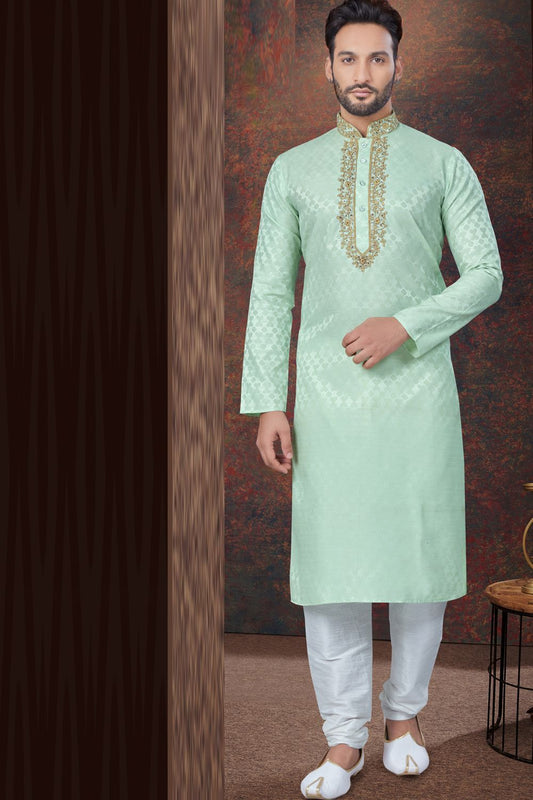 Pista Green Jaquard Kurta Pajama (NMK-7833) - Nihal Fashions