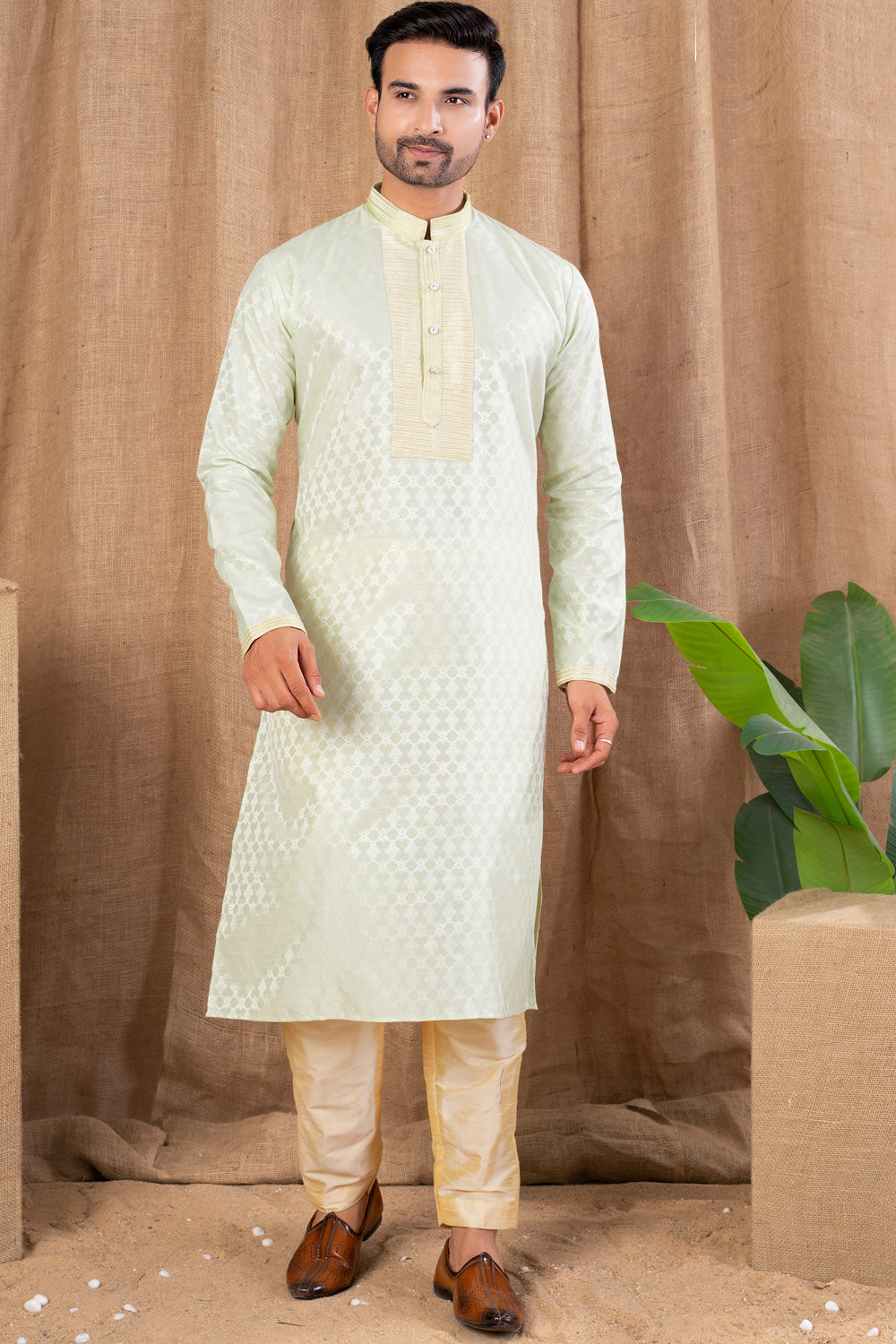 Pista Green Jaquard Kurta Pajama (NMK-8506) - Nihal Fashions