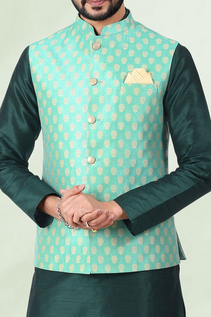 Pista Green Jaquard Mens Nehru Jacket (NMK-6681) - Nihal Fashions