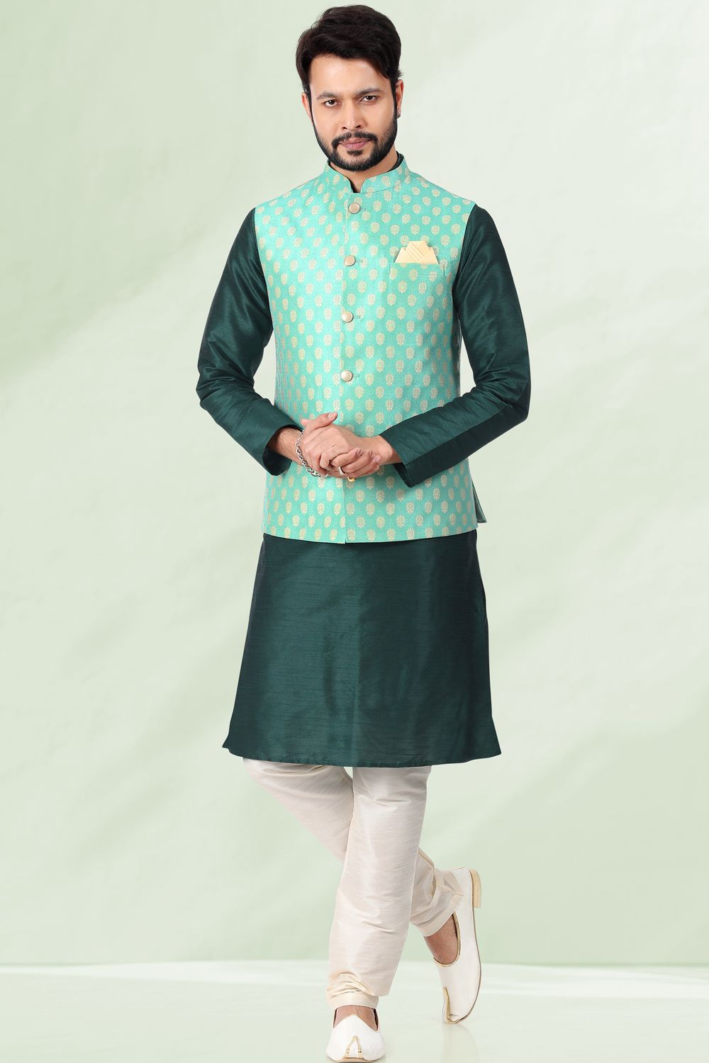 Pista Green Jaquard Mens Nehru Jacket (NMK-6681) - Nihal Fashions