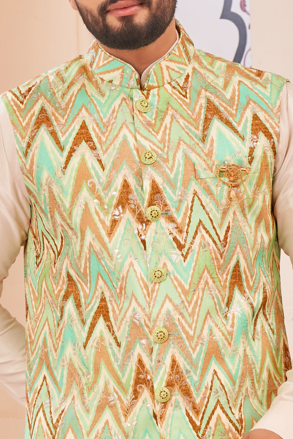 Pista Green Jaquard Semi Silk Brocade Nehru Jacket (NMK-8041) - Nihal Fashions