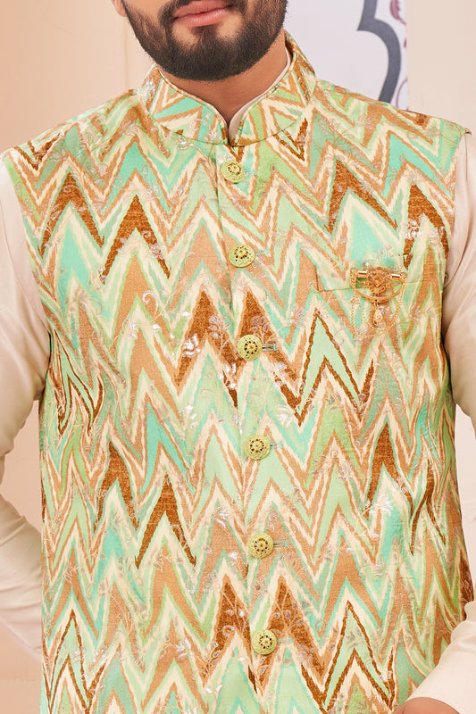 Pista Green Jaquard Semi Silk Brocade Nehru Jacket (NMK-8041) - Nihal Fashions