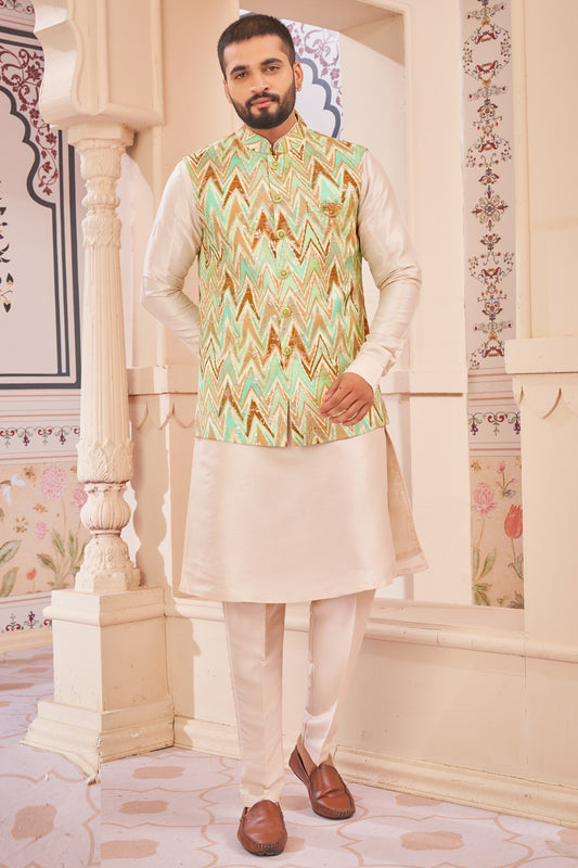 Pista Green Jaquard Semi Silk Brocade Nehru Jacket (NMK-8041) - Nihal Fashions
