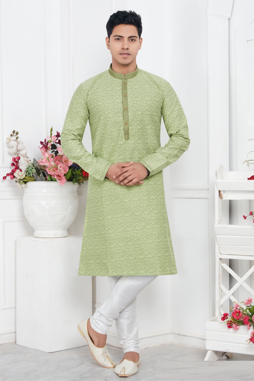 Pista Green Jaquard Silk Brocade Kurta for Men (NMK-7737) - Nihal Fashions