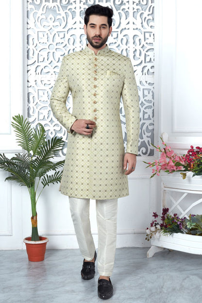 Pista Green Jaquard Silk Indo Western (NMK-7191) - Nihal Fashions