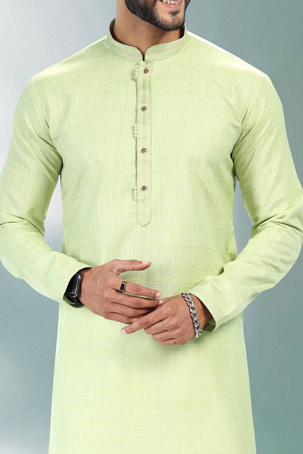 Pista Green Linen Cotton Casual Mens Kurta (NMK-6738) - Nihal Fashions