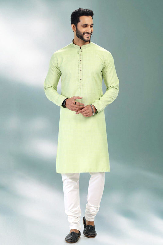 Pista Green Linen Cotton Casual Mens Kurta (NMK-6738) - Nihal Fashions