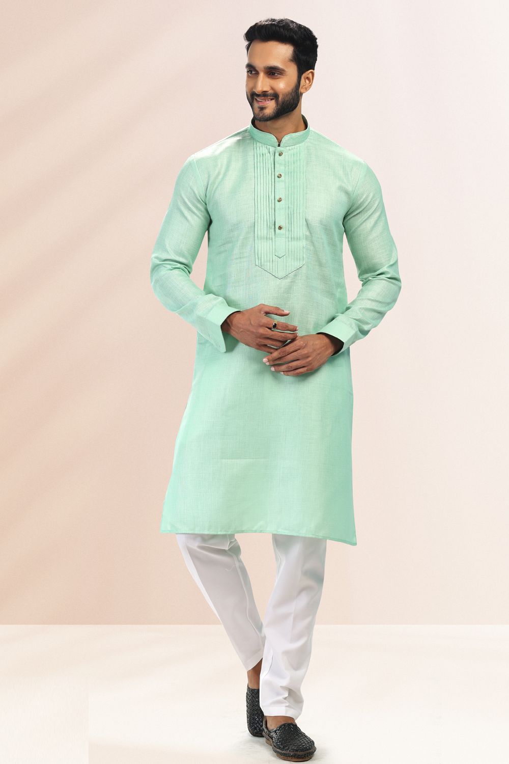 Pista Green Linen Cotton Mens Kurta (NMK-6736) - Nihal Fashions