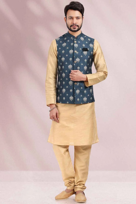 Printed Banarasi Silk Blue Mens Nehru Jacket(NMK-6448)