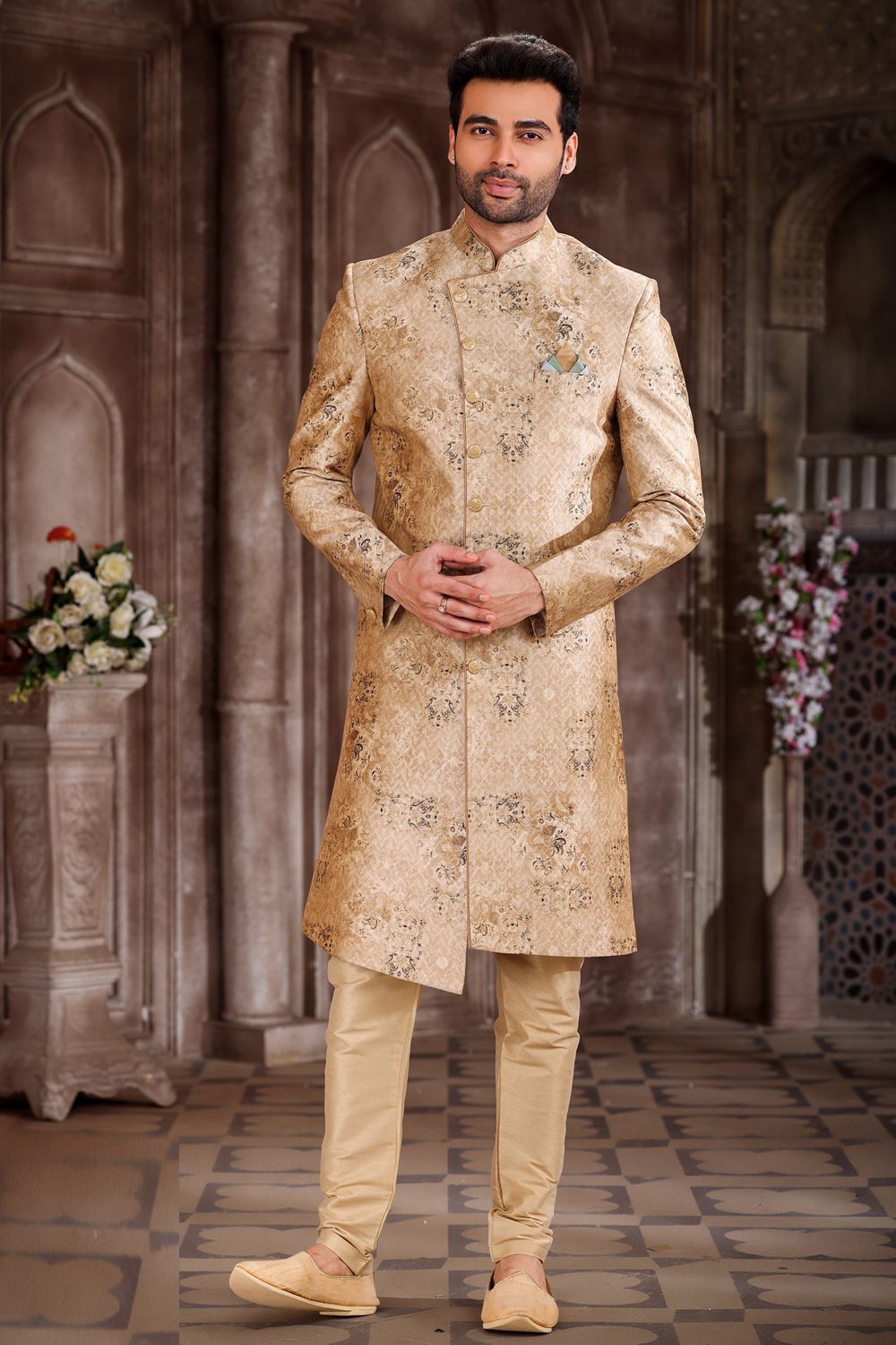 Printed Beige Art Silk Sherwani (NMK-6871) - Nihal Fashions