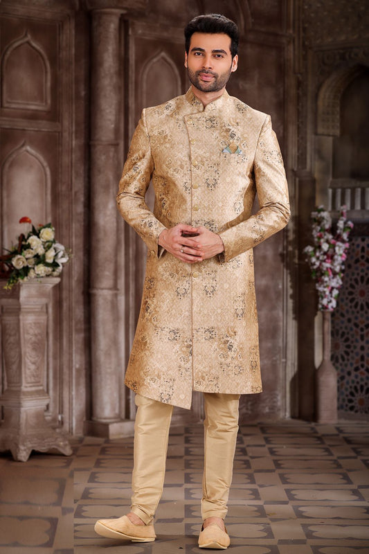 Printed Beige Art Silk Sherwani (NMK-6871) - Nihal Fashions