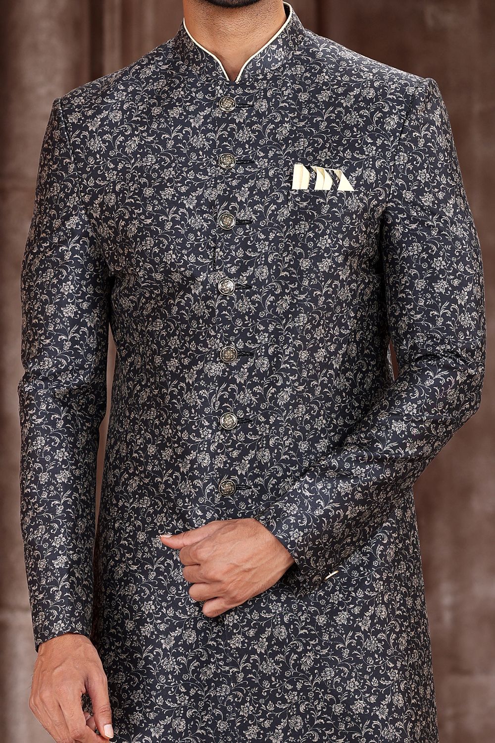 Printed Black Art Silk Sherwani (NMK-6877) - Nihal Fashions