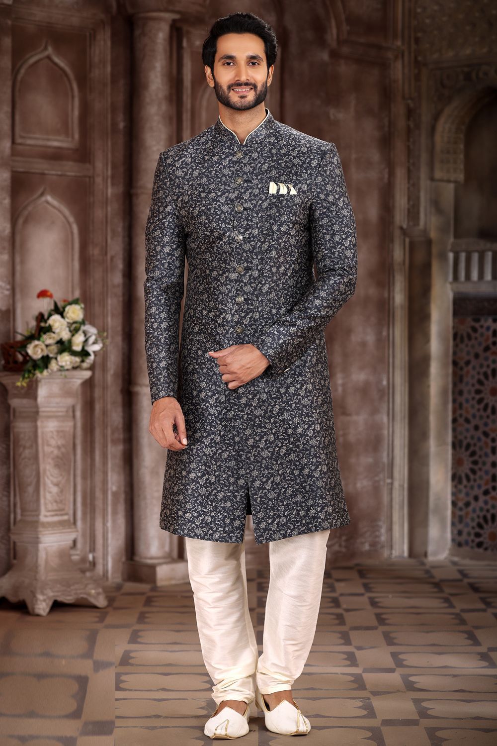 Printed Black Art Silk Sherwani (NMK-6877) - Nihal Fashions
