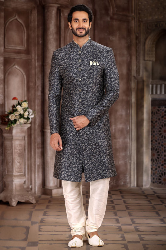 Printed Black Art Silk Sherwani (NMK-6877) - Nihal Fashions