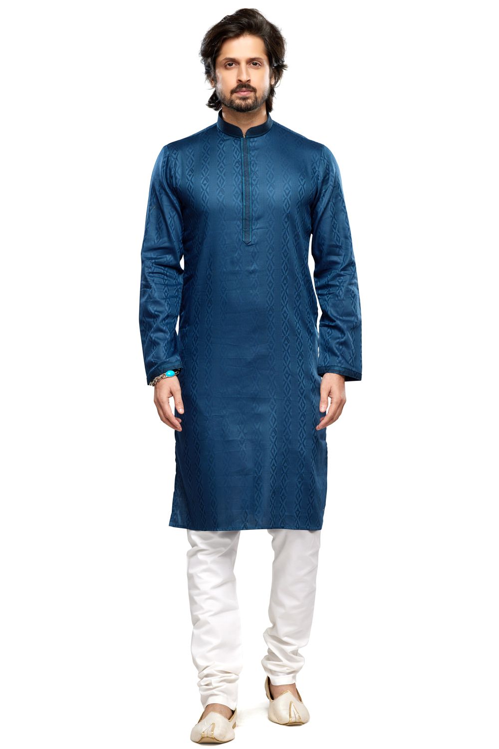 Printed Blue Art Silk Kurta Pajama (NMK-7485) - Nihal Fashions