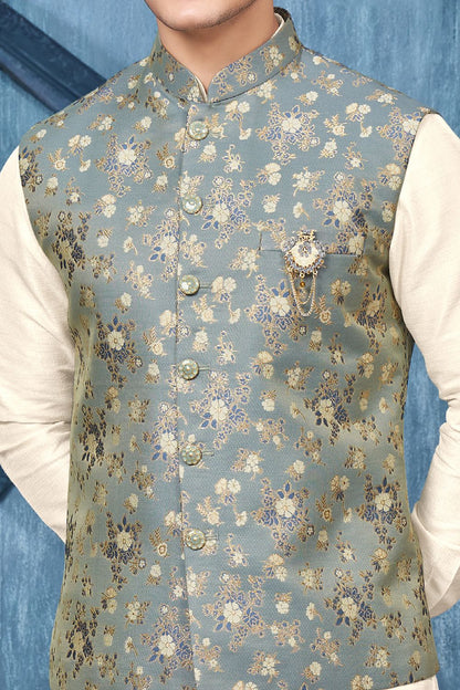Printed Blue Jaquard Nehru Jacket (NMK-7369) - Nihal Fashions