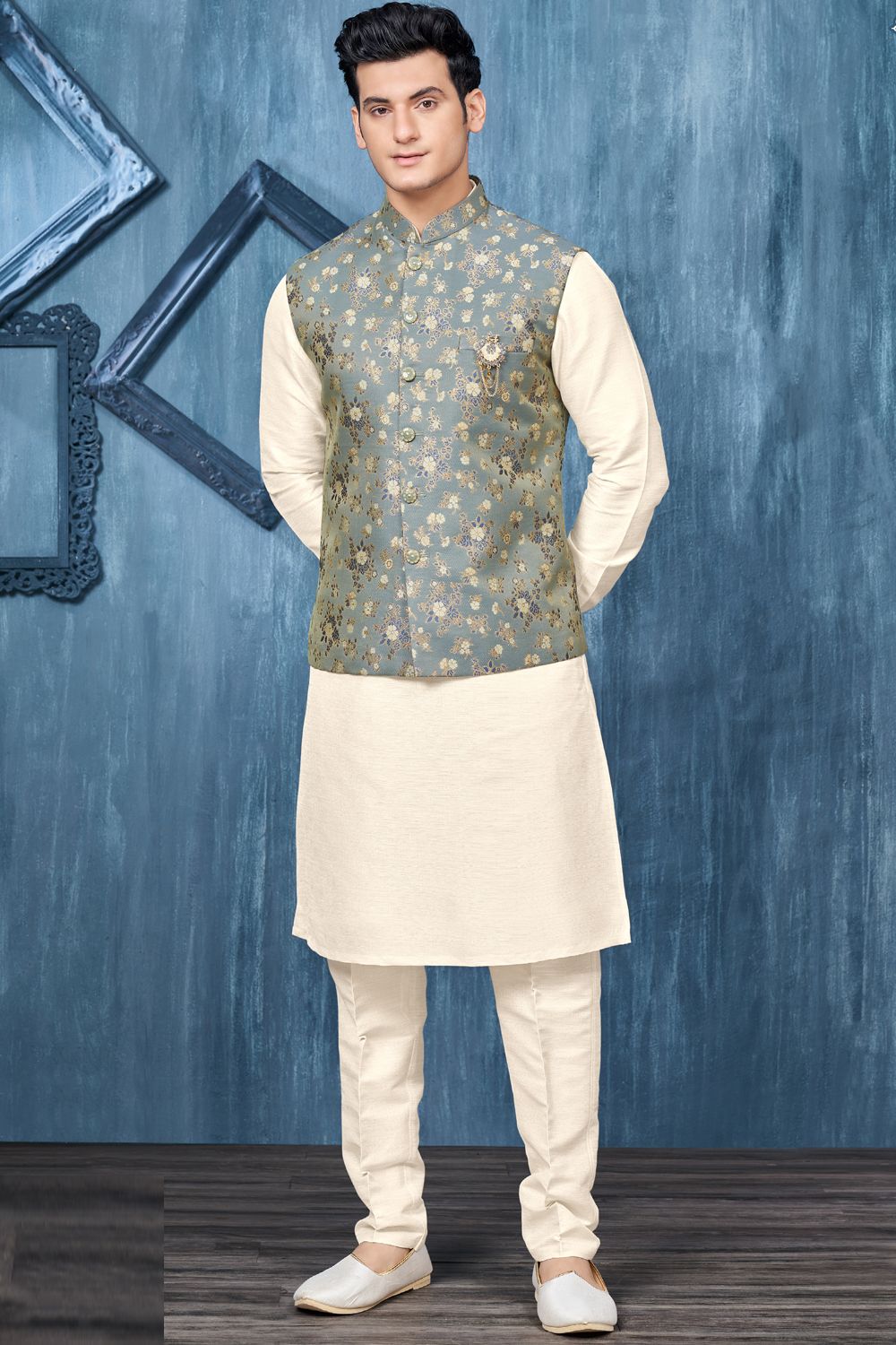 Printed Blue Jaquard Nehru Jacket (NMK-7369) - Nihal Fashions