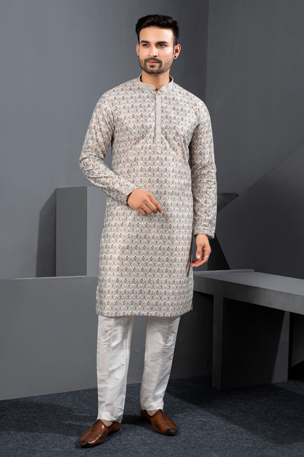Printed Cotton Silk Kurta in Multicoloured (NMK-8777) - Nihal Fashions