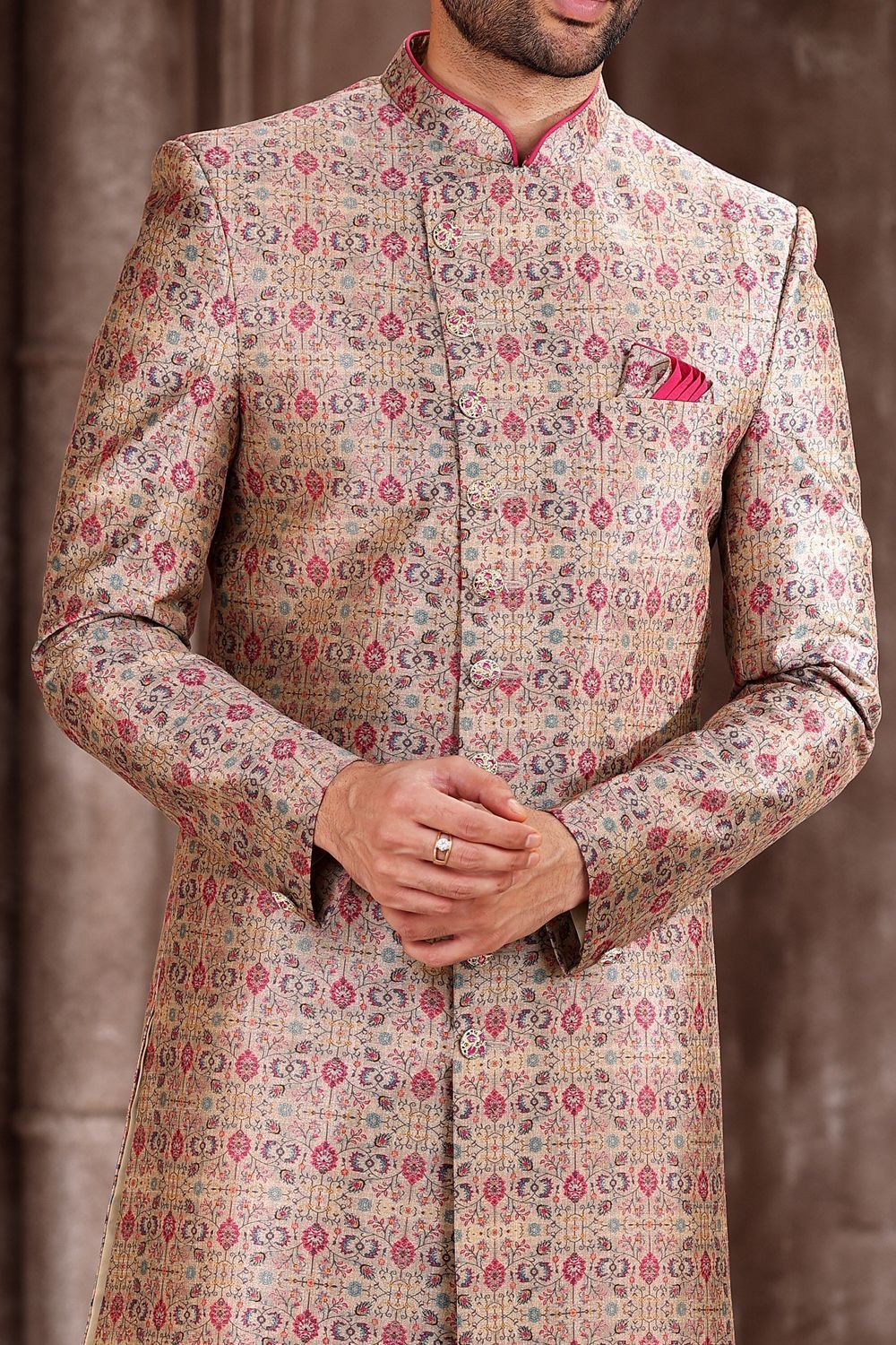 Printed Cream Art Silk Sherwani (NMK-6874) - Nihal Fashions