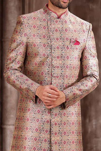 Printed Cream Art Silk Sherwani (NMK-6874) - Nihal Fashions