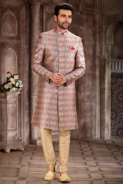 Printed Cream Art Silk Sherwani (NMK-6874) - Nihal Fashions