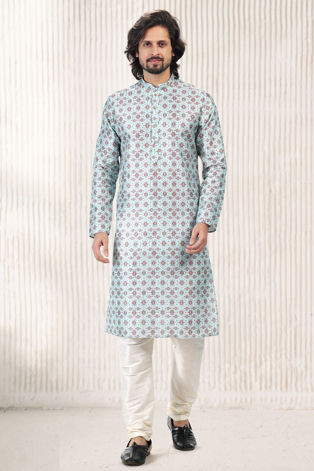 Printed Green Banarasi Silk Kurta Pajama (NMK-6719) - Nihal Fashions