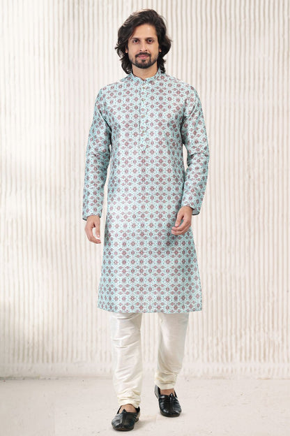 Printed Green Banarasi Silk Kurta Pajama (NMK-6719) - Nihal Fashions