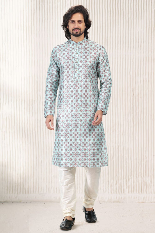 Printed Green Banarasi Silk Kurta Pajama (NMK-6719) - Nihal Fashions