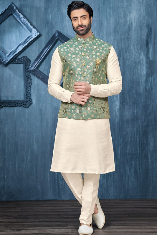 Printed Green Jaquard Nehru Jacket (NMK-7370) - Nihal Fashions