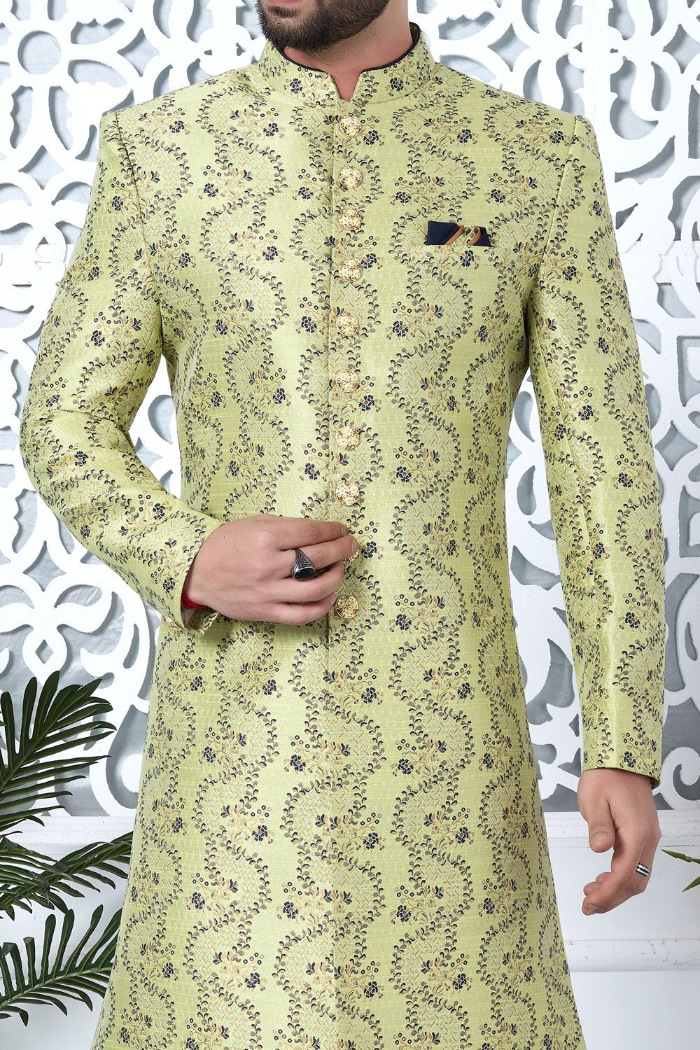 Printed Green Jaquard Silk Indo Western (NMK-7194) - Nihal Fashions