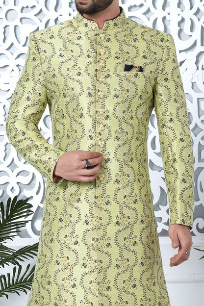 Printed Green Jaquard Silk Indo Western (NMK-7194) - Nihal Fashions