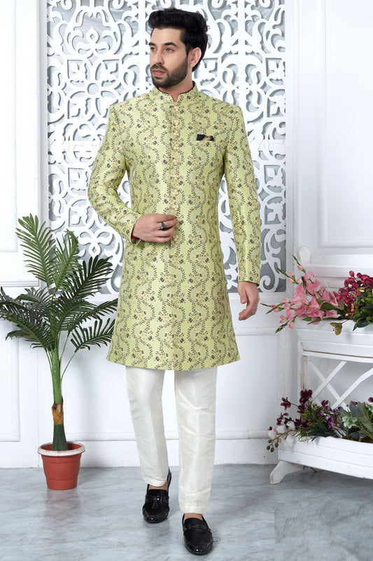 Printed Green Jaquard Silk Indo Western (NMK-7194) - Nihal Fashions