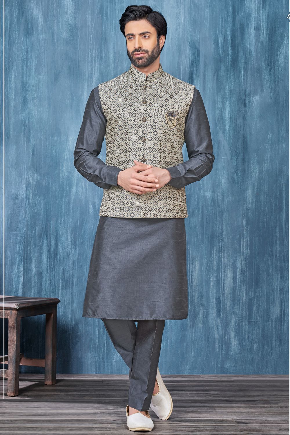 Printed Grey Jaquard Nehru Jacket (NMK-7365) - Nihal Fashions