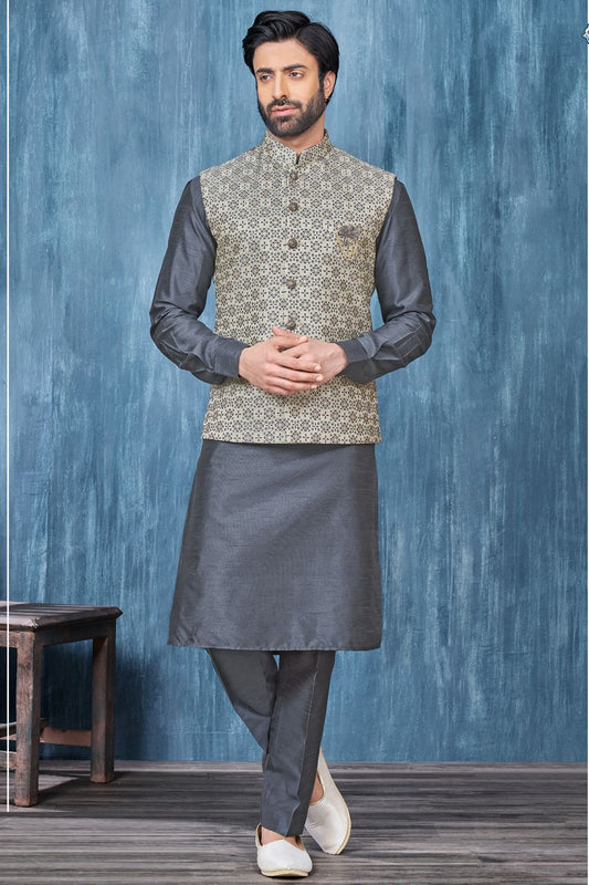 Printed Grey Jaquard Nehru Jacket (NMK-7365) - Nihal Fashions