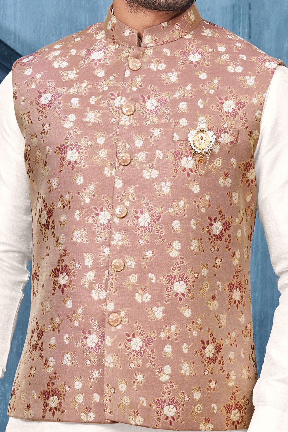 Printed Light Maroon Jaquard Nehru Jacket (NMK-7368) - Nihal Fashions