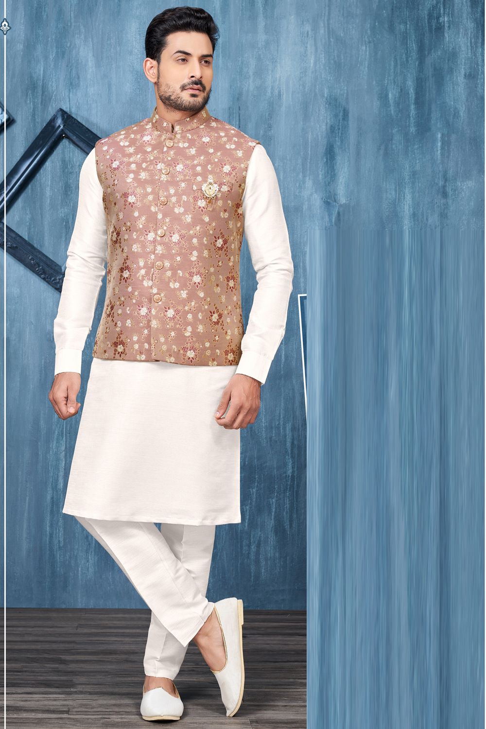 Printed Light Maroon Jaquard Nehru Jacket (NMK-7368) - Nihal Fashions