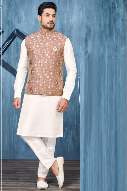 Printed Light Maroon Jaquard Nehru Jacket (NMK-7368) - Nihal Fashions