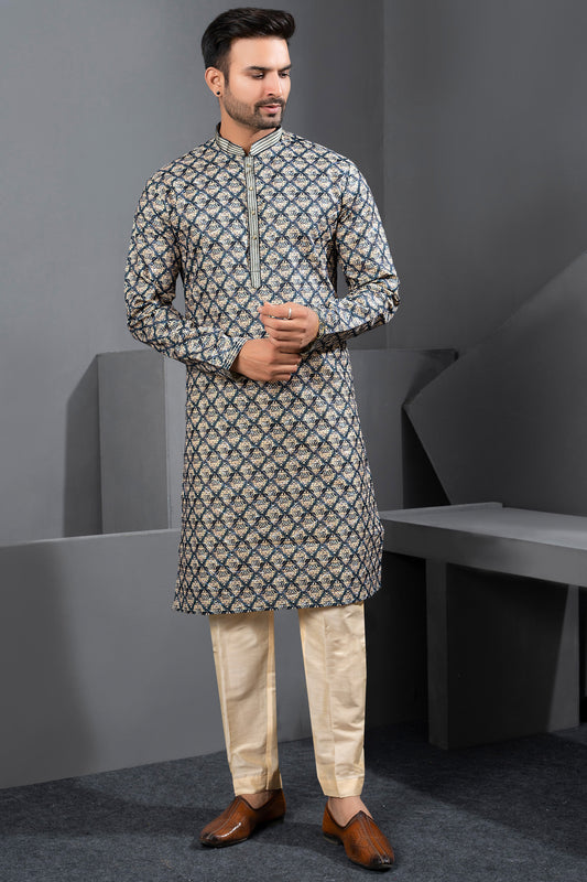 Printed Multicoloured Cotton Silk Kurta Pajama (NMK-8751) - Nihal Fashions