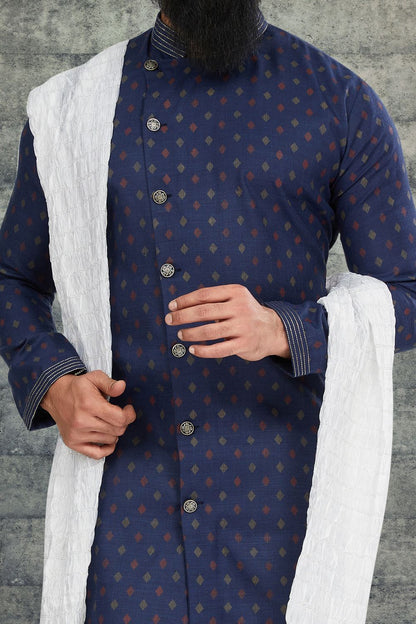 Printed Navy Blue Cotton Silk Indo Western (NMK-6785) - Nihal Fashions