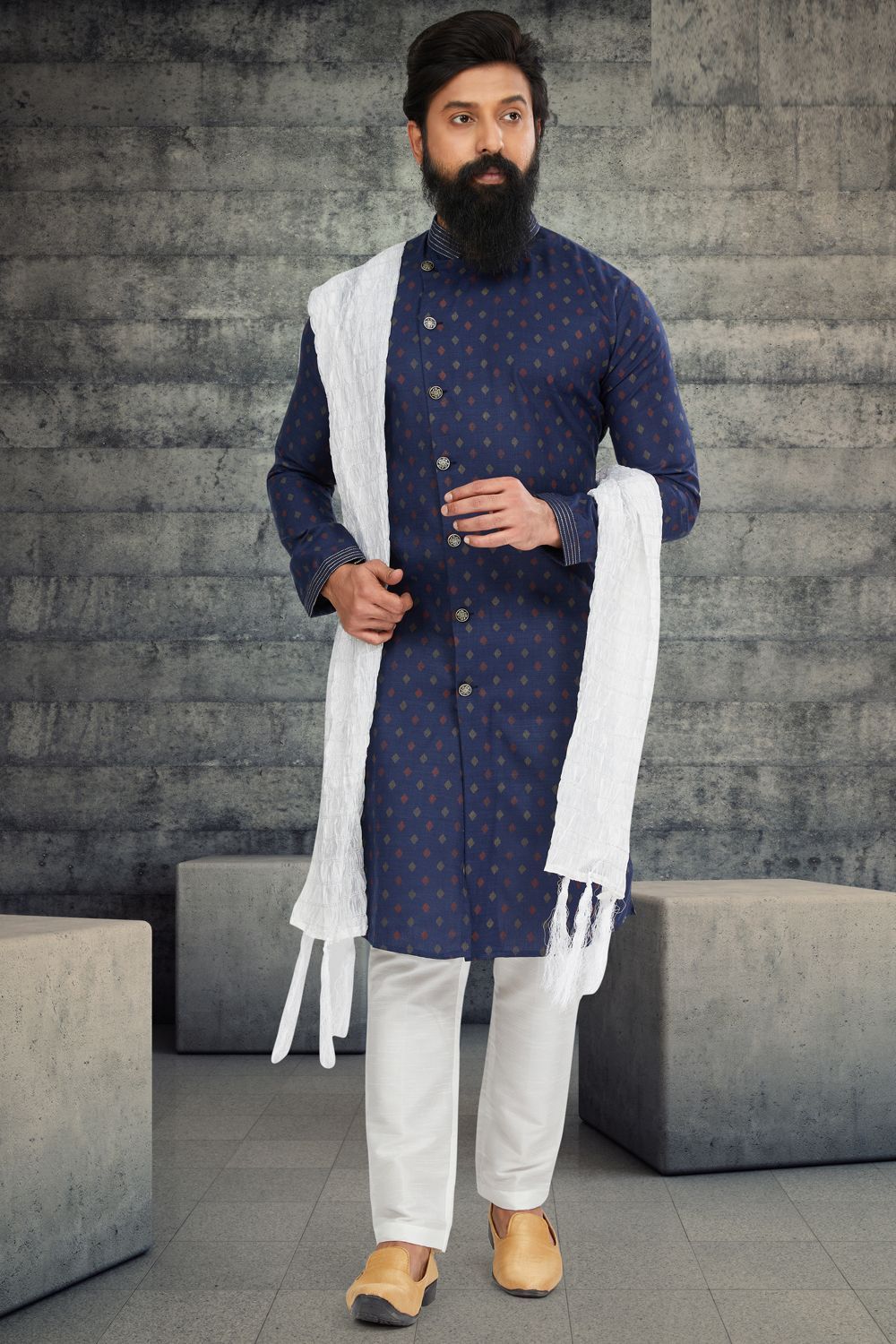Printed Navy Blue Cotton Silk Indo Western (NMK-6785) - Nihal Fashions