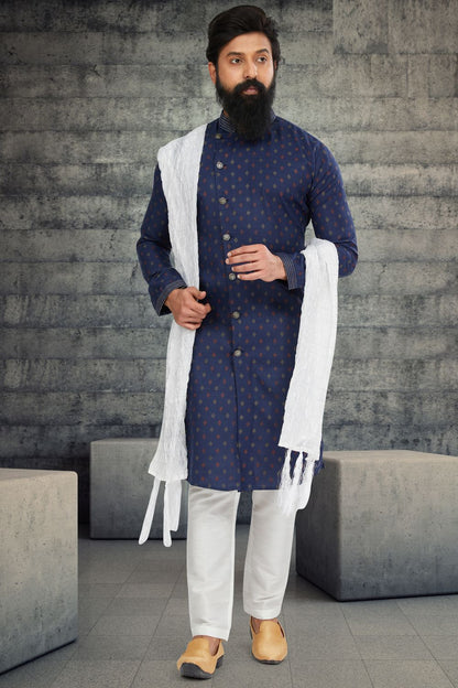 Printed Navy Blue Cotton Silk Indo Western (NMK-6785) - Nihal Fashions
