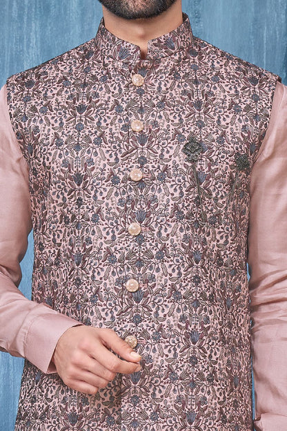 Printed Onion Art Banarasi Silk Nehru Jacket (NMK-7415) - Nihal Fashions