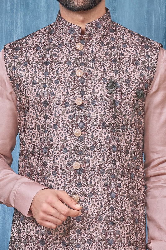 Printed Onion Art Banarasi Silk Nehru Jacket (NMK-7415) - Nihal Fashions