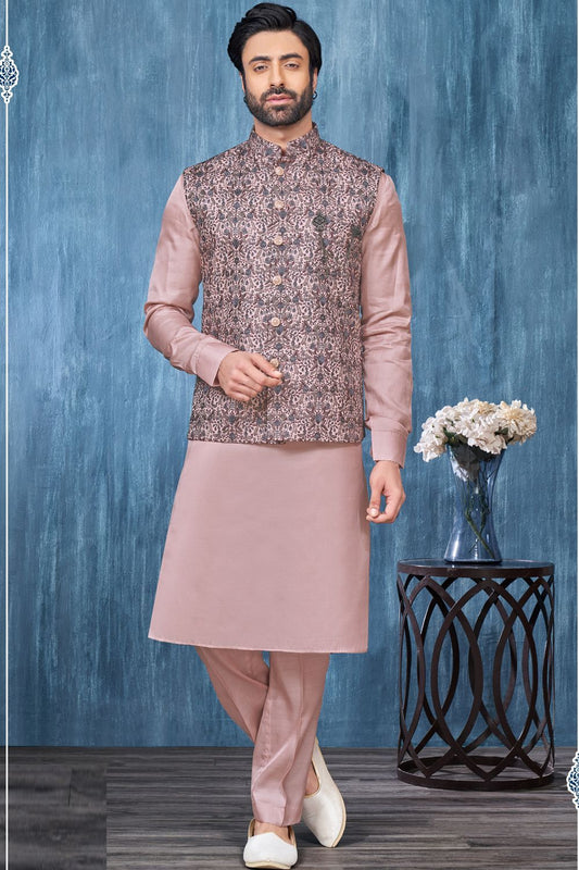 Printed Onion Art Banarasi Silk Nehru Jacket (NMK-7415) - Nihal Fashions