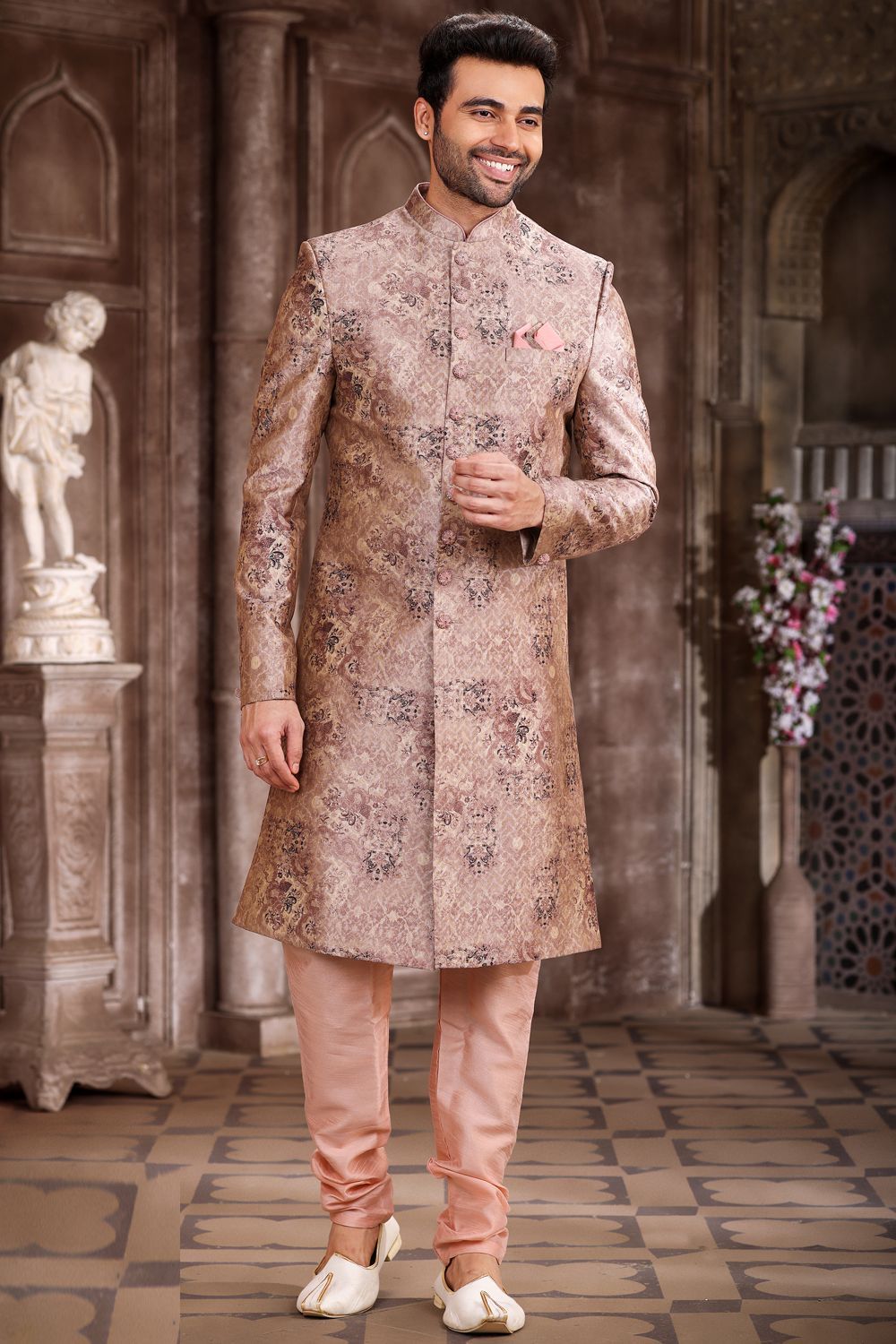 Printed Peach Art Silk Sherwani (NMK-6873) - Nihal Fashions