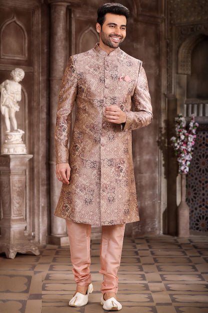 Printed Peach Art Silk Sherwani (NMK-6873) - Nihal Fashions