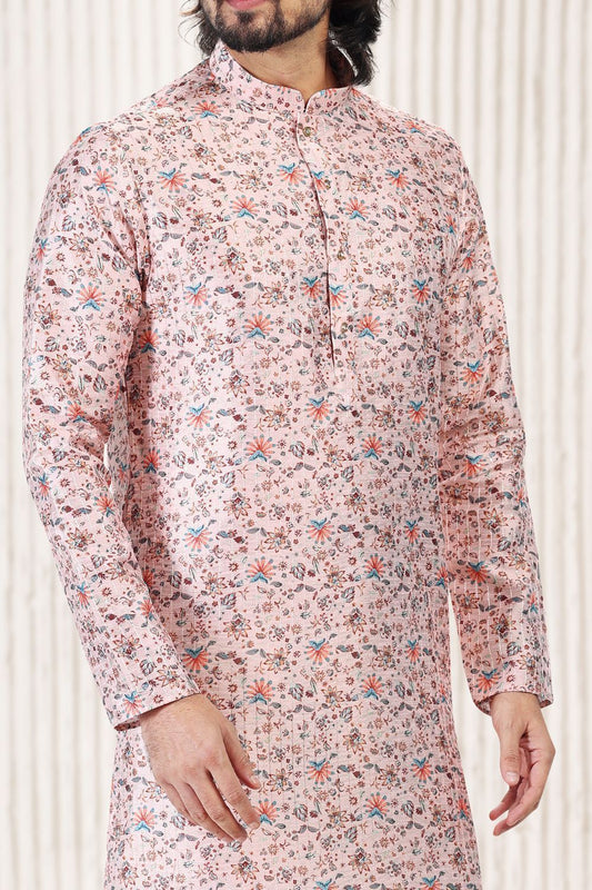 Printed Peach Banarasi Silk Kurta Pajama (NMK-6723) - Nihal Fashions